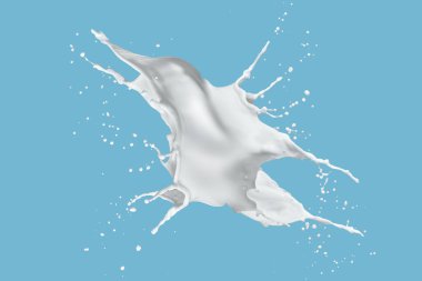 Photo of milk or white liquid splash with drops isolated on blue background. Close up view clipart