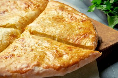 Tuzlu ve erimiş peynirli Gürcü fırında turta Megrelian Khachapuri. Döndürücü odak
