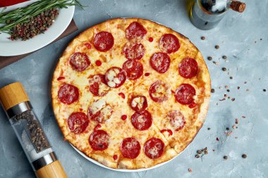 Eritilmiş peynirle ahşap fırında pişmiş pizza ve yemek malzemeleriyle kompozisyonda gri bir arka planda sucuklu salam. Üst manzara, yemek düzlüğü