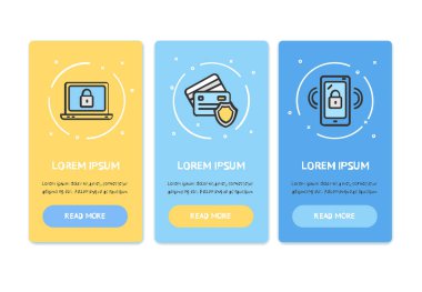 Oneboarding App ekran veri güvenlik kümesi kartları. Vektör