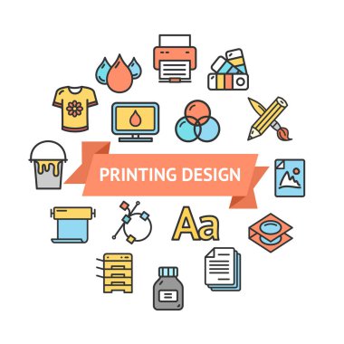 Yazdırma işaretleri yuvarlak tasarım şablonu ince çizgi simgesi. Vektör