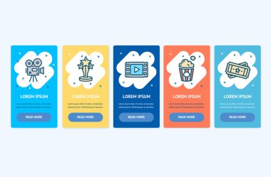 Oneboarding App ekran kartları sinema üretim kümesi. Vektör