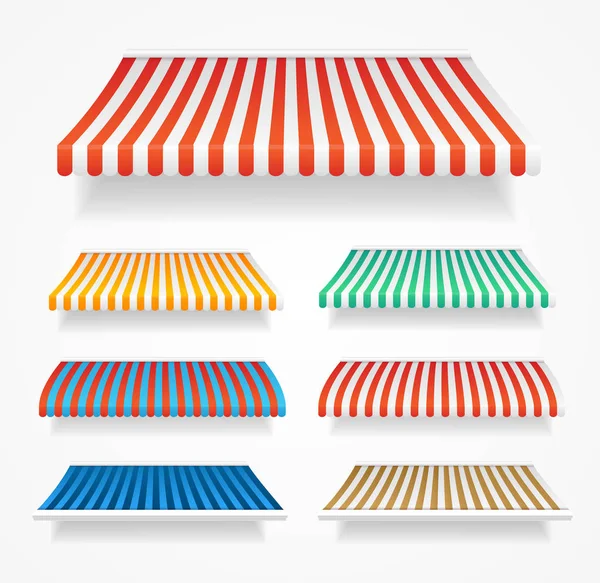 Realistiska Detaljerade Färg Markiser Set Olika Typer För Store Livsmedelsbutik — Stock vektor