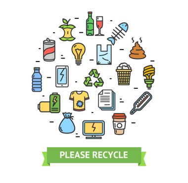 Yuvarlak tasarım şablonu ince çizgi simgesini çöp kutusu işaretleri. Vektör