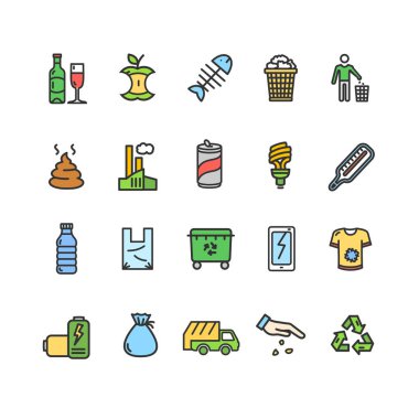 Çöp kutusu işaretleri renk ince çizgi Icon Set. Vektör