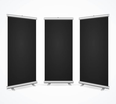Gerçekçi detaylı 3d şablon boş siyah kaydırma Banner Stand sahte Set Up. Vektör