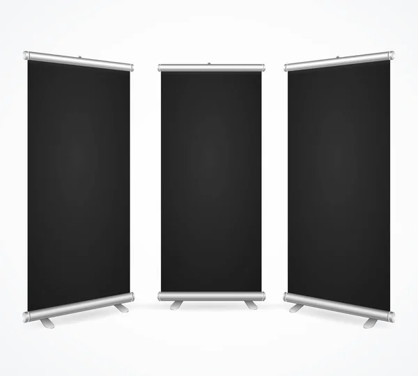 Realistic Detailed 3d Template Blank Black Scroll Banner Stand Mock Up Set. Vector — Stock Vector