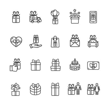 Mevcut hediye işaretleri siyah ince çizgi simge seti. Vektör