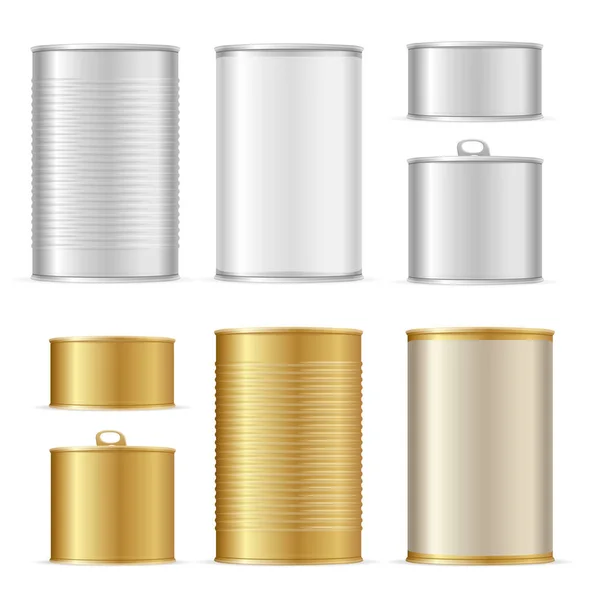 Realistic Detailed 3d Gold and Metal Tin Can Set. Vector — Stock Vector