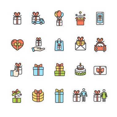 Mevcut hediye işaretleri renk ince çizgi simge seti. Vektör