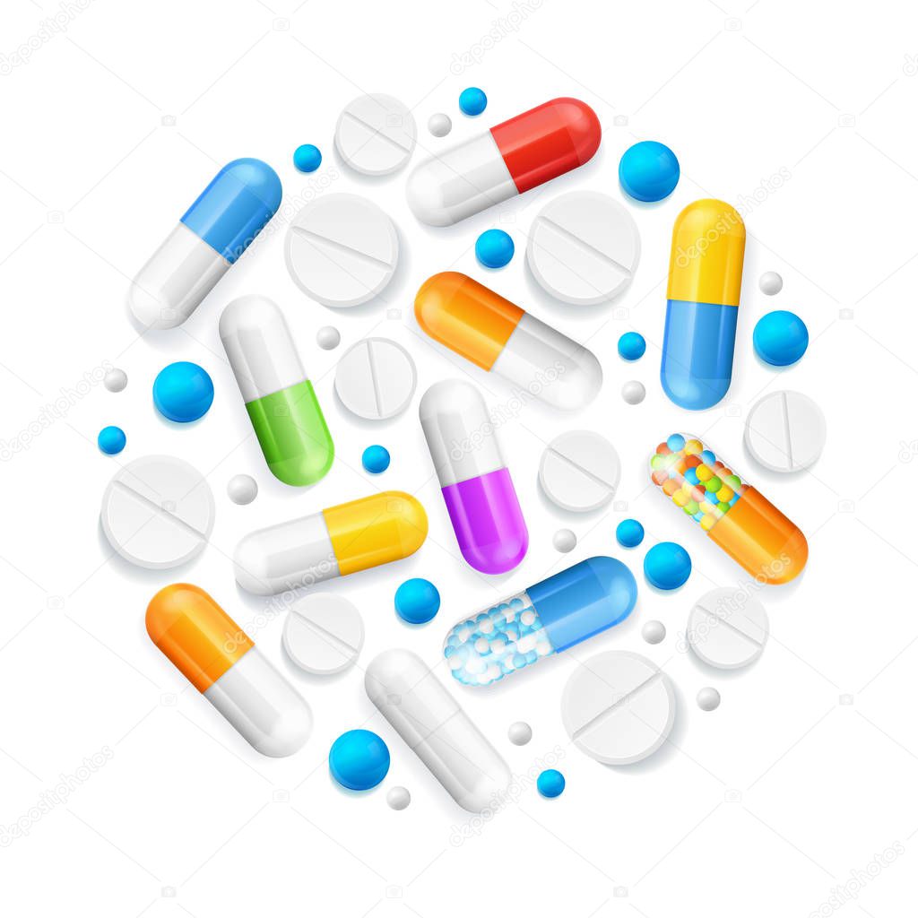 Realistic Detailed 3d Pills and Tablets Round Design Template Concept. Vector