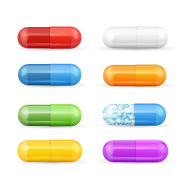 Gerçekçi 3d renk hap ve vitamin seti detaylı. Vektör