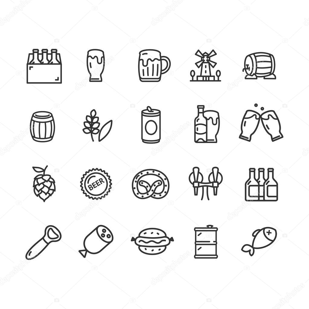 Beer and Oktoberfest Signs Black Thin Line Icon Set. Vector