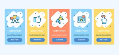 Oneboarding App ekran kartları Set afiş. Vektör