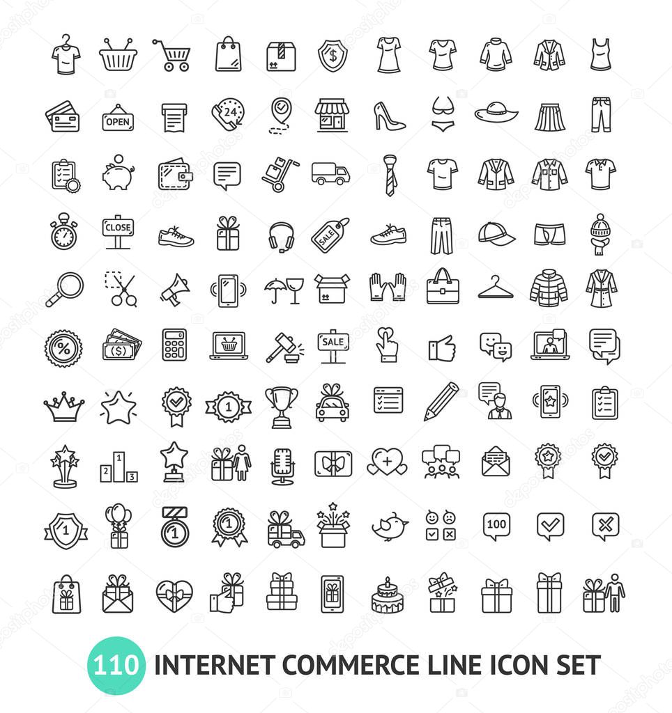 E-commerce Shopping Service Signs Black Thin Line Icon Set Include of Money, Delivery and Basket. Vector illustration of Icons