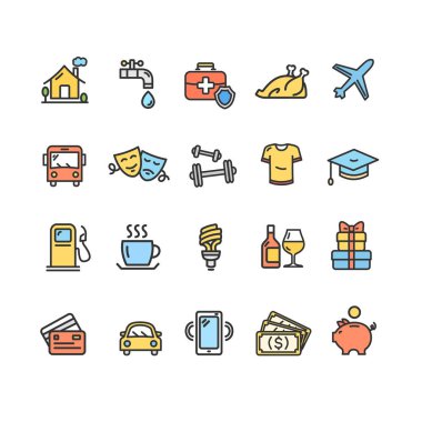 Aylık giderleri işaretleri renk ince çizgi Icon Set. Vektör