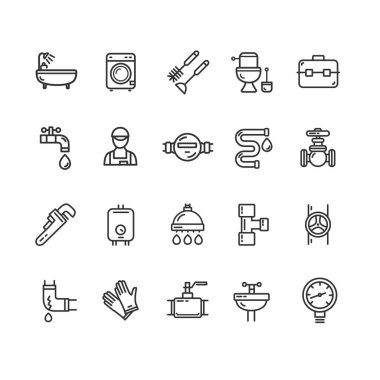Sıhhi tesisat işaretleri siyah ince çizgi Icon Set. Vektör