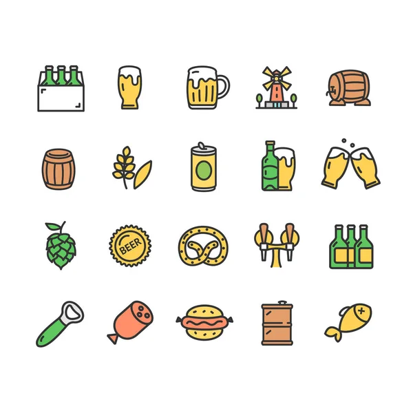 Set di icone di linea sottile a colori per birra e Oktoberfest. Vettore — Vettoriale Stock