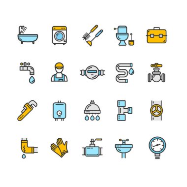 Sıhhi tesisat işaretleri renk ince çizgi Icon Set. Vektör
