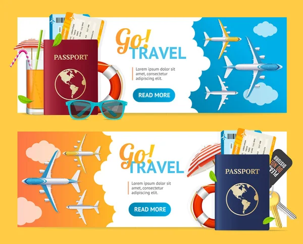 Go Travel Banner Horizontal Set con elementos 3D detallados realistas. Vector — Vector de stock