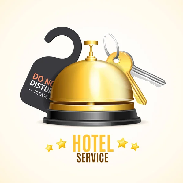 Hotelrezeption Service Banner mit realistischen detaillierten 3D-Empfang Glocke und Schlüssel. Vektor — Stockvektor