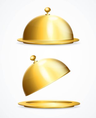 Gerçekçi 3d detaylı parlak altın Restoran Cloche küme. Vektör