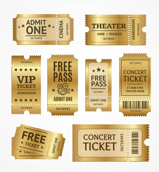 Realista detallado 3d Golden Tickets Set. Vector — Archivo Imágenes Vectoriales