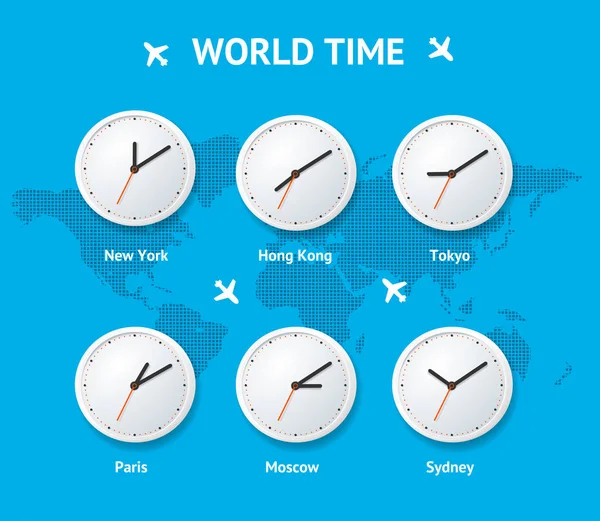 Realistica Dettagliata Orologio Una Mappa World Time Concept Includere New — Vettoriale Stock