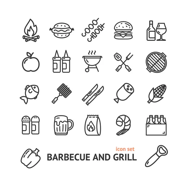 Bbq Segni Black Thin Line Icon Set. Vettore — Vettoriale Stock