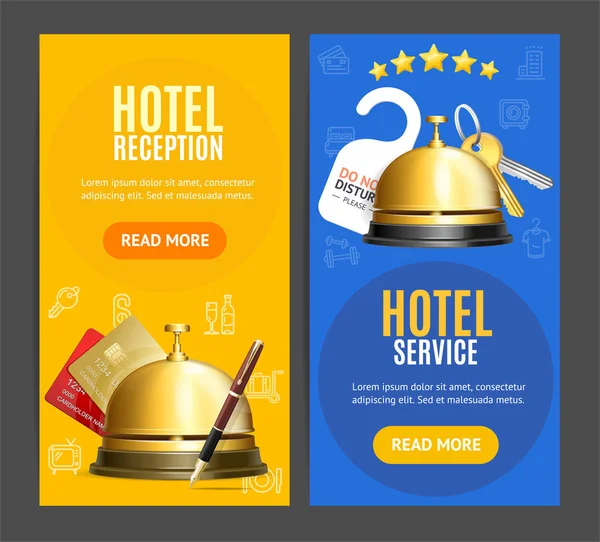Ensemble vertical de bannière de service de réception d'hôtel avec des éléments 3d détaillés réalistes. Vecteur — Image vectorielle