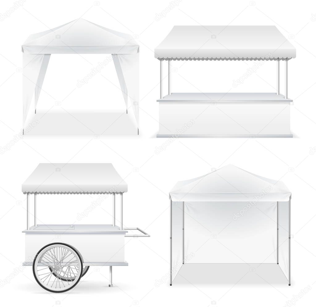 Realistic Detailed 3d White Blank Market Stall Template Mockup Set. Vector
