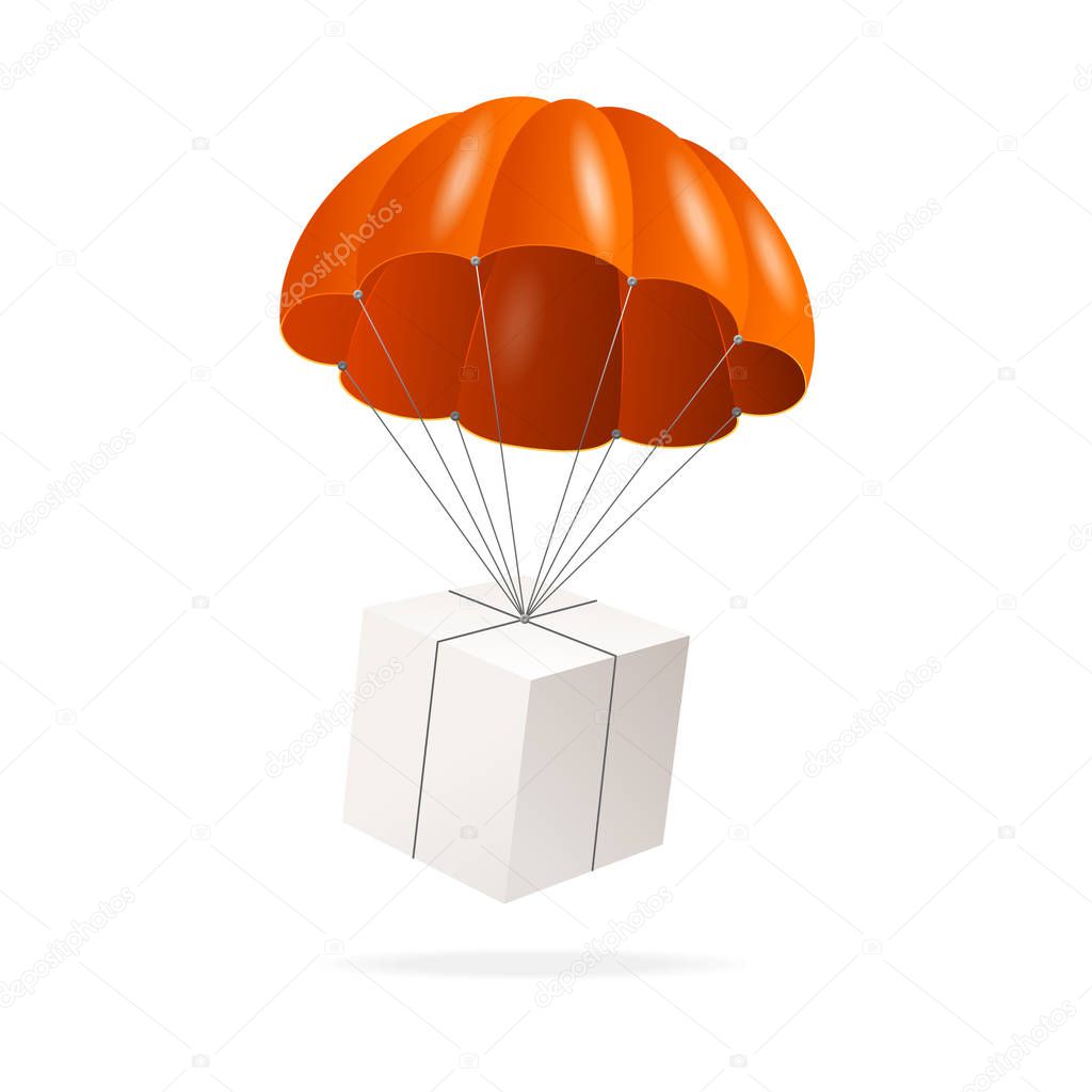 Realistic Detailed 3d Parachute and White Box Delivery Concept. Vector