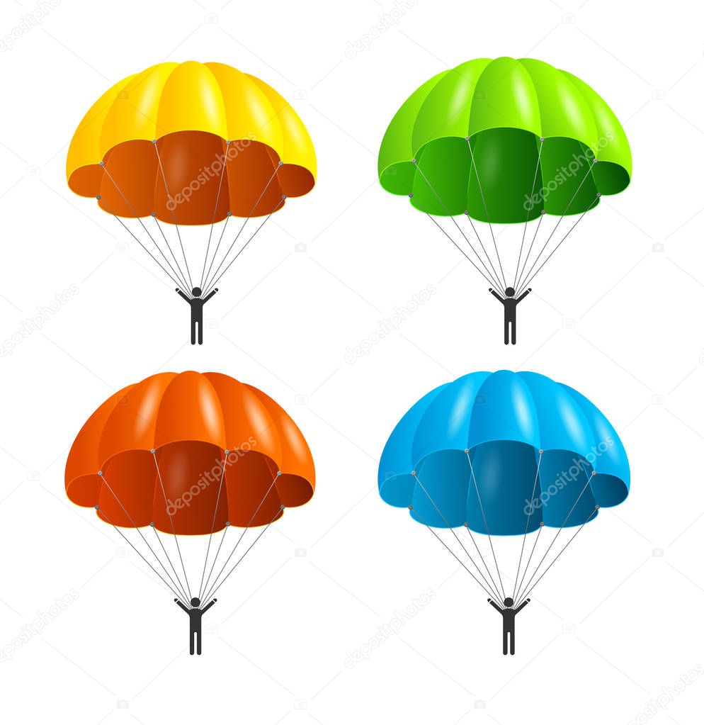 Realistic Detailed 3d Color Parachute and Black Silhouette Person Set. Vector