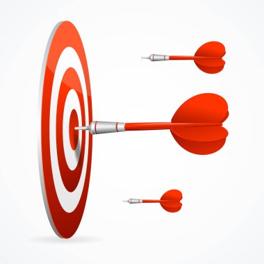 Gerçekçi detaylı 3d kırmızı dart tahtası dart ile. Vektör