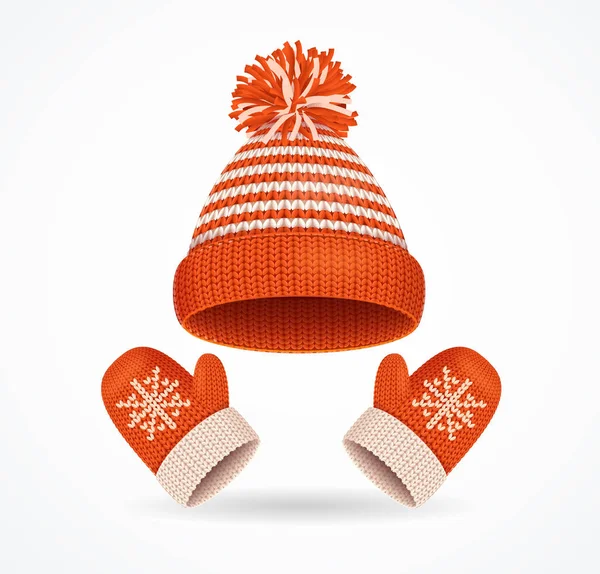 Realista 3d detallado sombrero de invierno y manoplas conjunto. Vector — Archivo Imágenes Vectoriales