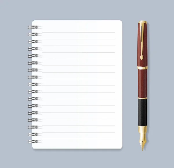 Realista 3d detalhado caderno alinhado espiral e caneta. Vetor — Vetor de Stock