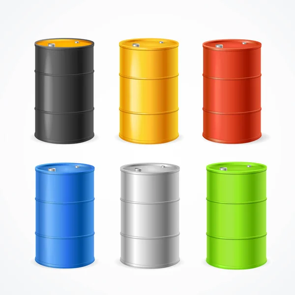 Conjunto de barriles de color detallados realistas 3d. Vector — Archivo Imágenes Vectoriales