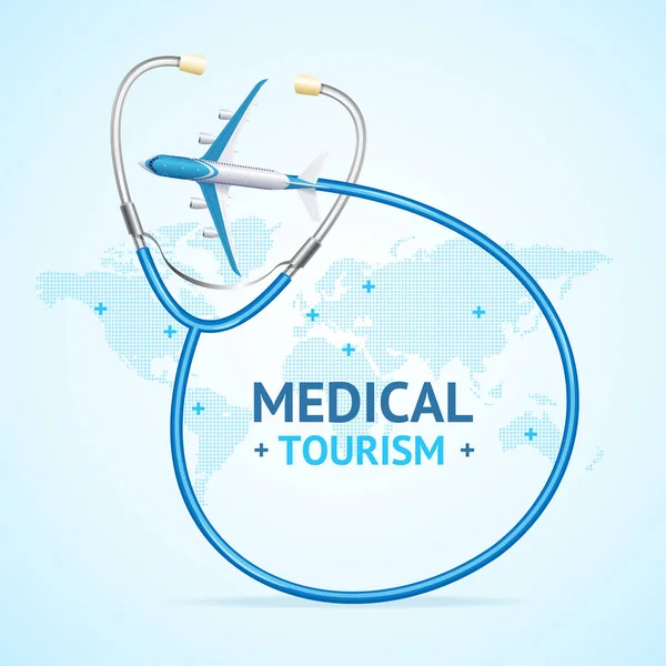 Medical Tourism Concept Banner Card Realistic Detailed Elements Map Earth — Stock Vector