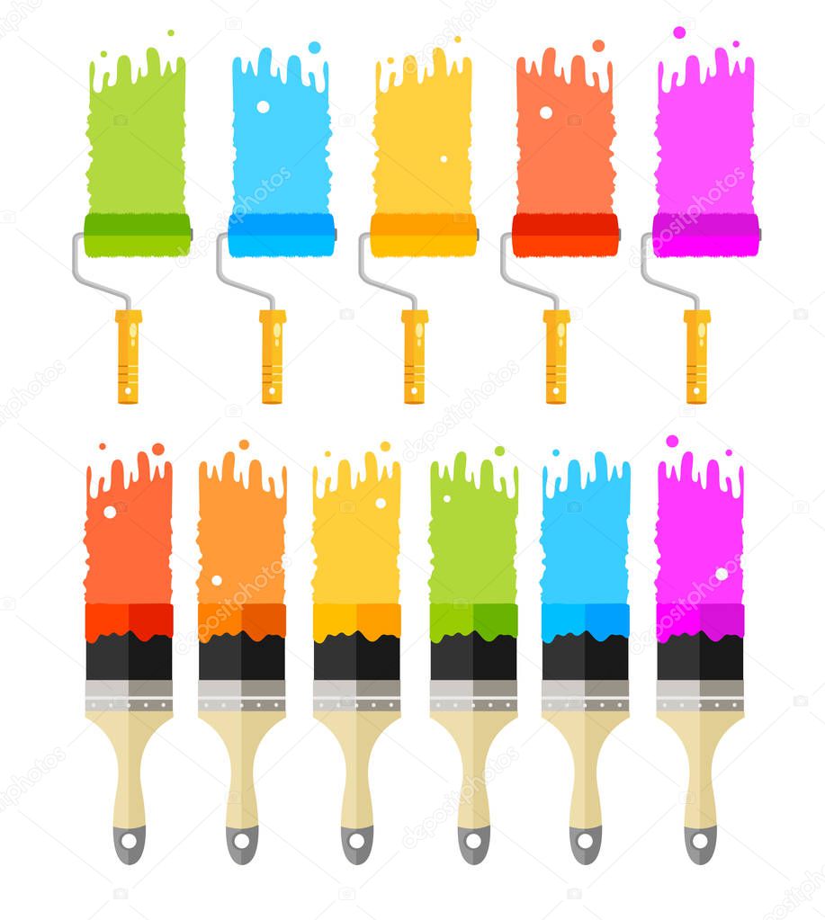 Cartoon Color Paint, Roller and Brushes Set. Vector