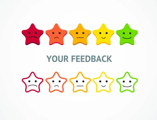 Feedback or Rating Stars from Positive to Negative Emoticon (dalam bahasa Inggris). Vektor - Stok Vektor