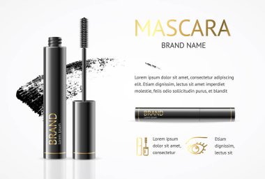 Gerçekçi 3d detaylı maskara makyaj kavramı Afiş kartı vektör