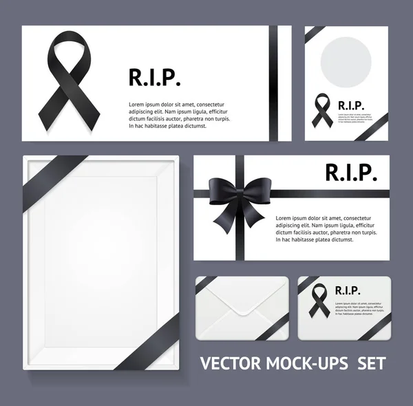 Realistico Dettagliato 3d Black Lutto Simboli Empty Template Mockup Set di carte. Vettore — Vettoriale Stock