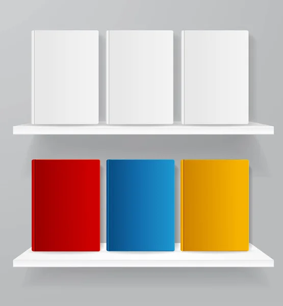 Realistische detaillierte 3D weiß und farbig leere Vorlage Buch auf Regalen für Shop-Set. Vektor — Stockvektor