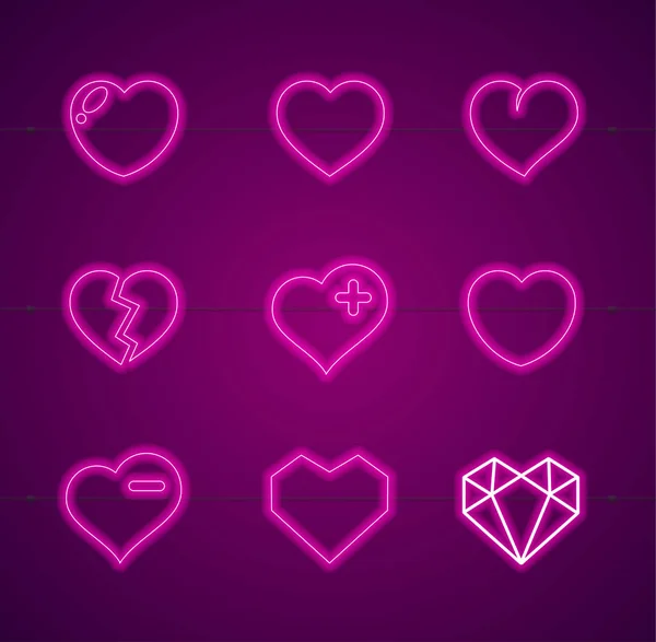 Heart Neon Signs Thin Line Icon Set. Vector — Stock Vector