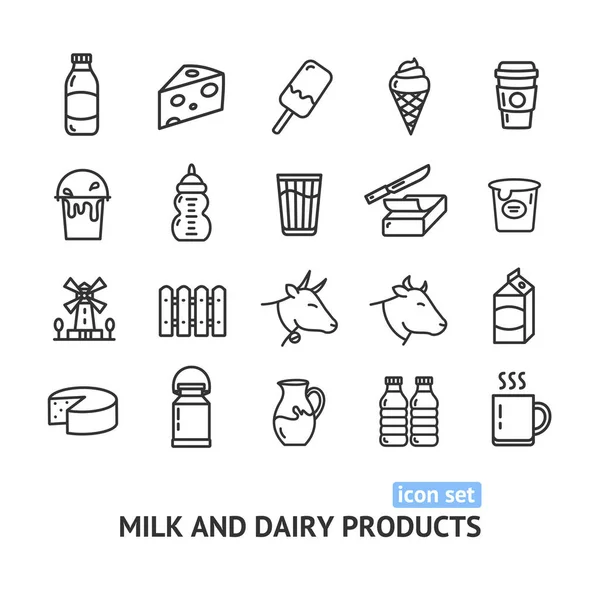 Γάλα γαλακτοκομικά προϊόντα σημάδια μαύρη λεπτή γραμμή σύνολο εικονιδίων. Διάνυσμα — Διανυσματικό Αρχείο