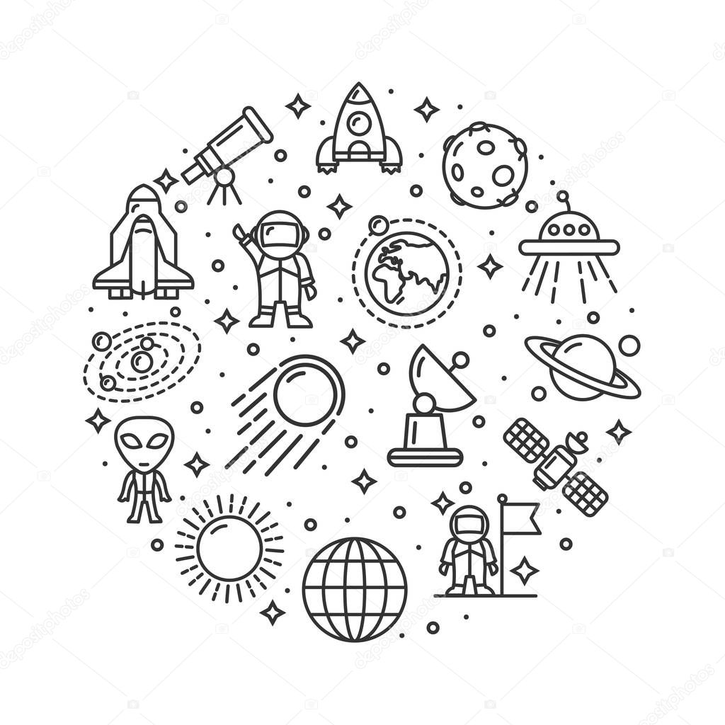 Space Signs Round Design Template Thin Line Icon Concept. Vector