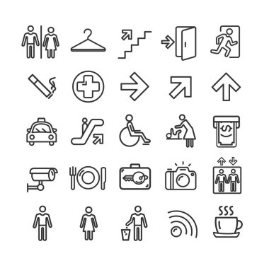 Genel gezinti işaretleri siyah ince çizgi Icon Set. Vektör