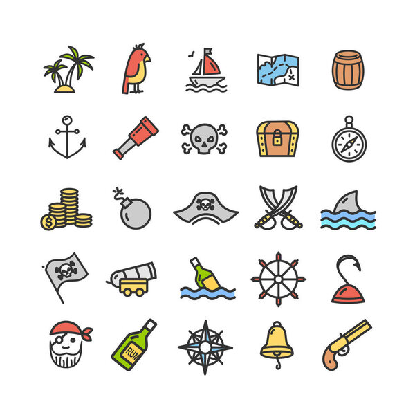 Pirate Signs Color Thin Line Icon Set. Вектор

