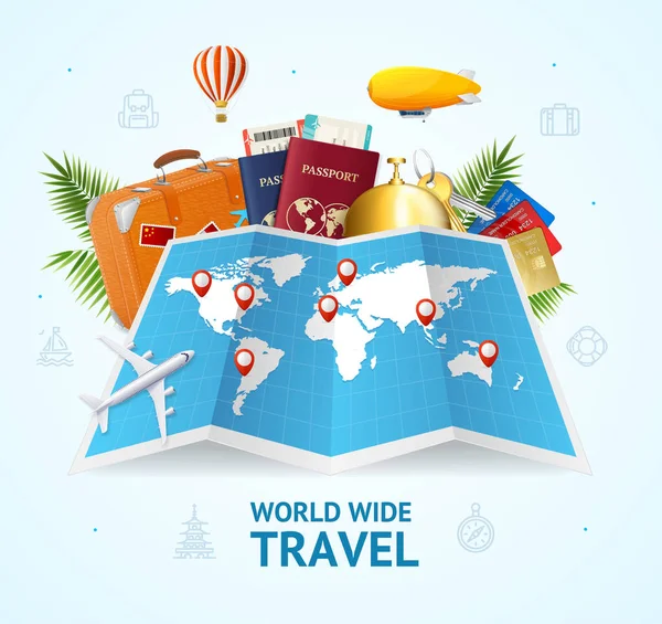 Realistico 3d dettagliata World Wide Travel Concept Card. Vettore — Vettoriale Stock