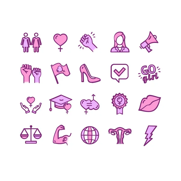 Feminism Signs Color Thin Line Icon Set. Vector — Stock Vector